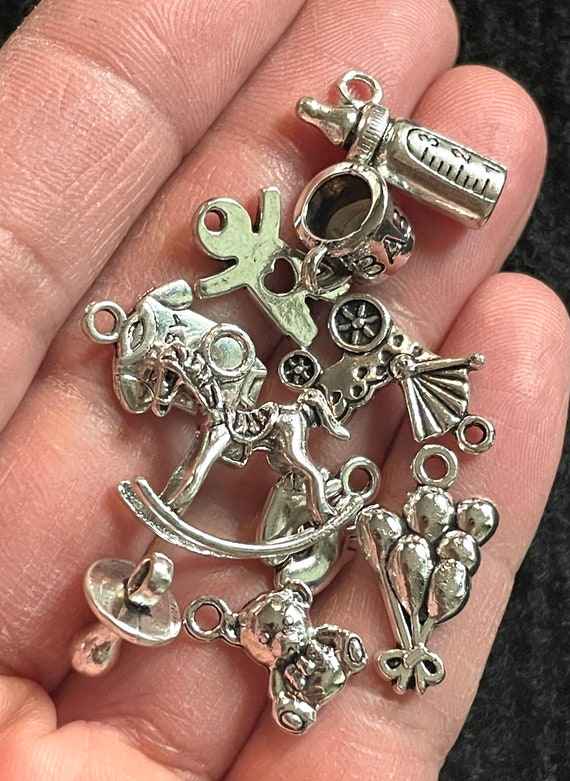 10 Piece Baby Themed Assorted Antique Silver Metal Charms for Jewelry Making, Baby Shower & Scrapbooking, No Pairs