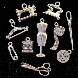 10 Piece Seamstress Charm Set Tibetan silver metal charms for jewelry making, scrapbooking, crafting, stitch marking 3/8” to 1”