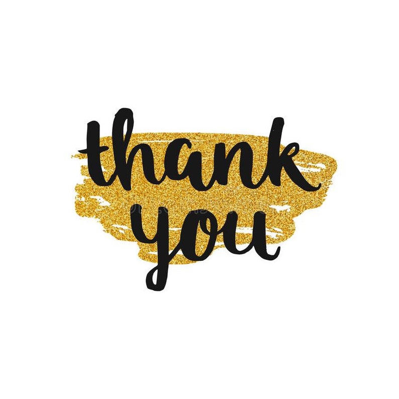May include: Thank you written in black script on a gold glitter background.