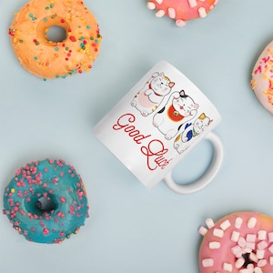 Lucky Cat Mug, Lucky Fortune Cat Mug, Fortune Cat, Maneki Neko, Lucky Cat Charm, Good Luck, Good Fortune, Waving Cat, Maneki-neko