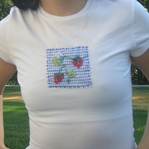Hand Beaded Embroidered Strawberry Picnic Baby Tee