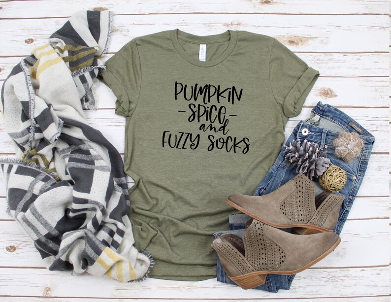 Pumpkin spice and fuzzy socks women\u2019s Fall graphic t-shirt