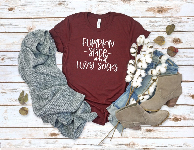 Pumpkin spice and fuzzy socks women\u2019s Fall graphic t-shirt