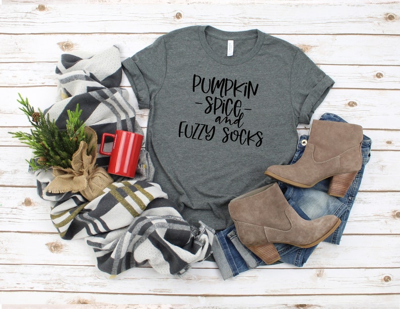 Pumpkin spice and fuzzy socks women\u2019s Fall graphic t-shirt