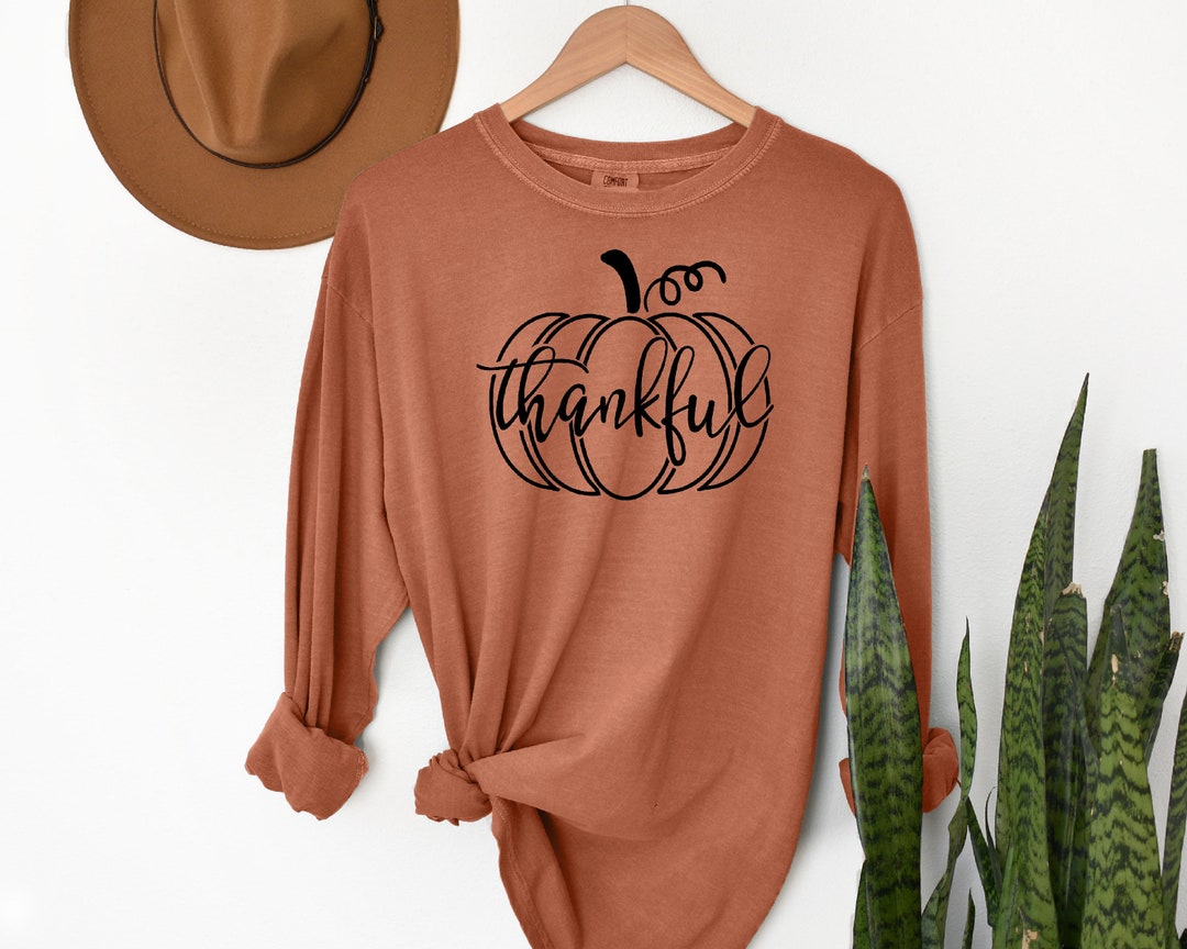 Pumpkin With Thankful Womens Graphic Long-sleeved Comfort Color T-shirt ...
