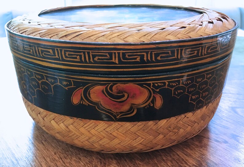 Vintage Asian Lacquer Wicker Rattan Woven Basket Bowl with Lid Etsy