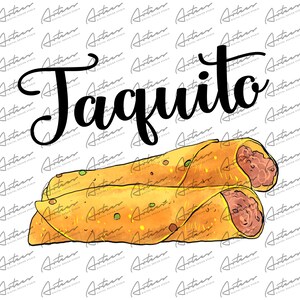 May include: Watercolor illustration of two taquitos, with a filling visible at the ends. The word "Taquito" is written in large, black, cursive letters above the food items. The background is a pattern of the word "Artier".
