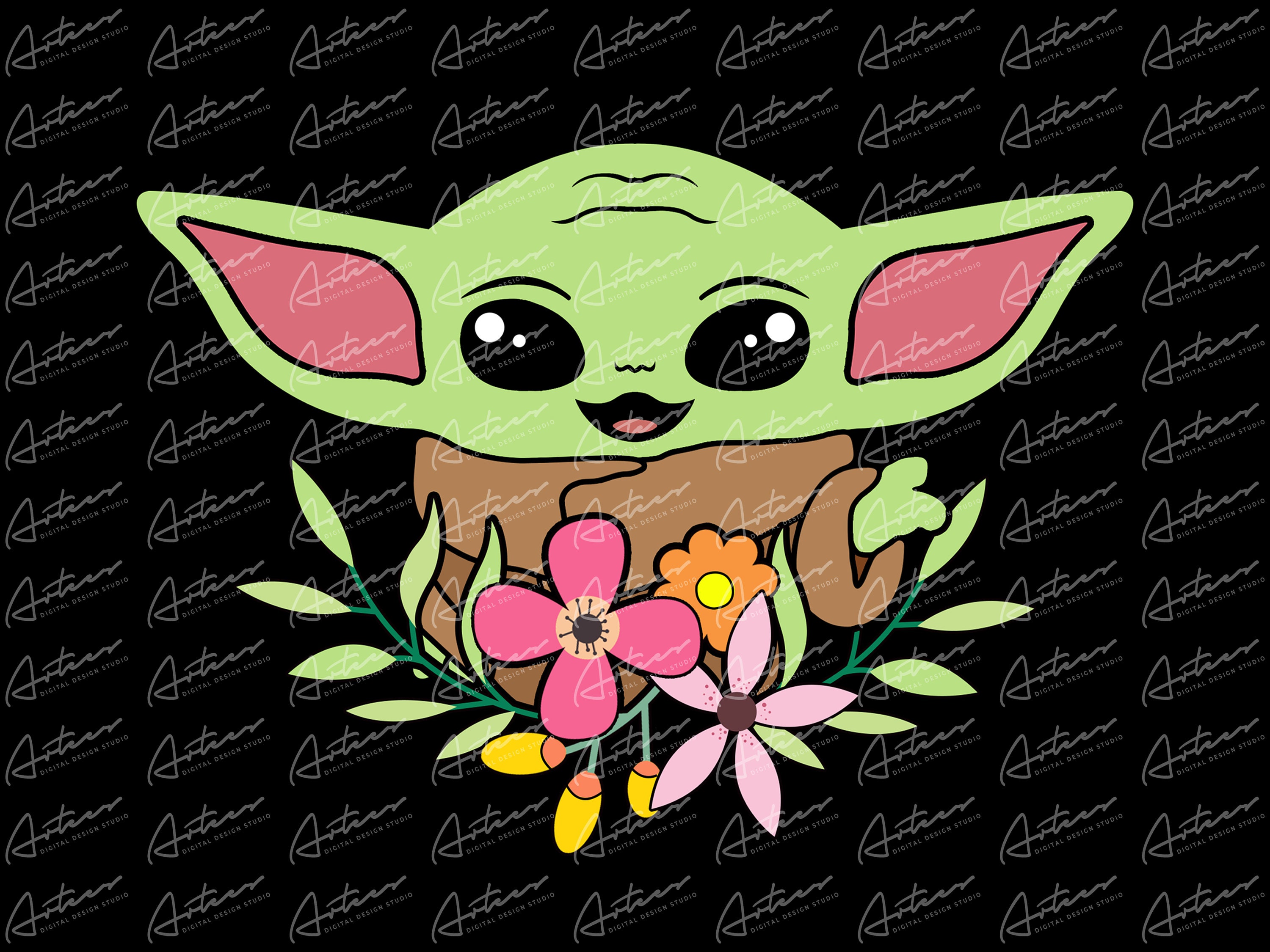 Cute Baby Yoda With Flowers Png Download Baby Yoda Etsy