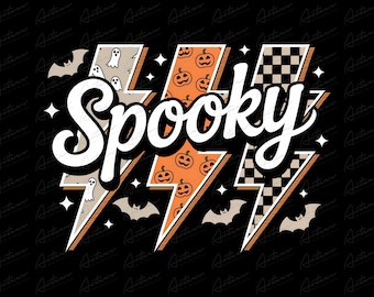 Retro Spooky Halloween Graphic: Lightning Bolts, Ghosts, Pumpkins (Digital Download)