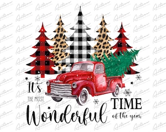 It's the Most Wonderful Time of the Year Digital Design Download, Vintage Truck Christmas Tree, Buffalo Plaid Christmas, Leopard Holiday