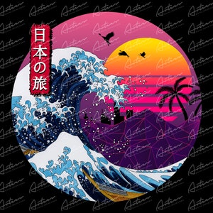 May include: A retro-style illustration of a large wave crashing against a purple and pink sunset. The wave is blue and white with a Japanese kanji character for "journey" in red. The text "日本の旅" is written in Japanese, meaning "Journey of Japan".