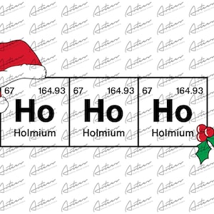 Può includere: Grafica festiva con la parola «Ho» ripetuta tre volte, presentata come elementi della tavola periodica, con un cappello di Babbo Natale e agrifoglio. Vengono visualizzati il numero atomico 67 e la massa atomica 164,93.