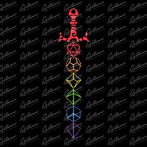 May include: A rainbow-colored sword made of dice. The sword is made of six dice, each a different color of the rainbow. The dice are stacked on top of each other, with the sword's hilt at the top and the blade at the bottom.