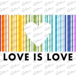 Puede incluir: Un código de barras de colores arcoíris con una forma de corazón en el medio y el texto "LOVE IS LOVE" debajo.