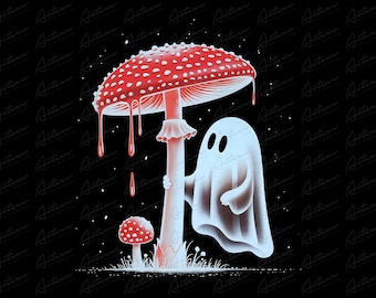 Spooky Ghost with Bloody Red Mushroom, Surreal Halloween Design