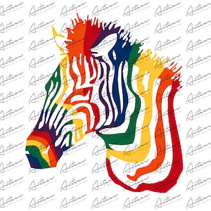 Puede incluir: Una silueta de cabeza de cebra colorida con rayas en colores arcoíris, incluyendo rojo, naranja, amarillo, verde, azul, índigo y violeta.
