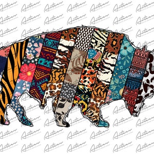 May include: A patchwork buffalo silhouette with a variety of colorful patterns, including floral, animal print, and geometric designs.