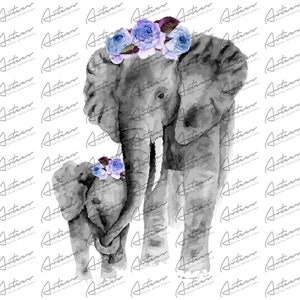 May include: A watercolour painting of a mother elephant and her baby elephant. The mother elephant is wearing a flower crown with purple and blue flowers. The elephants are both grey and have a soft, watercolour look.