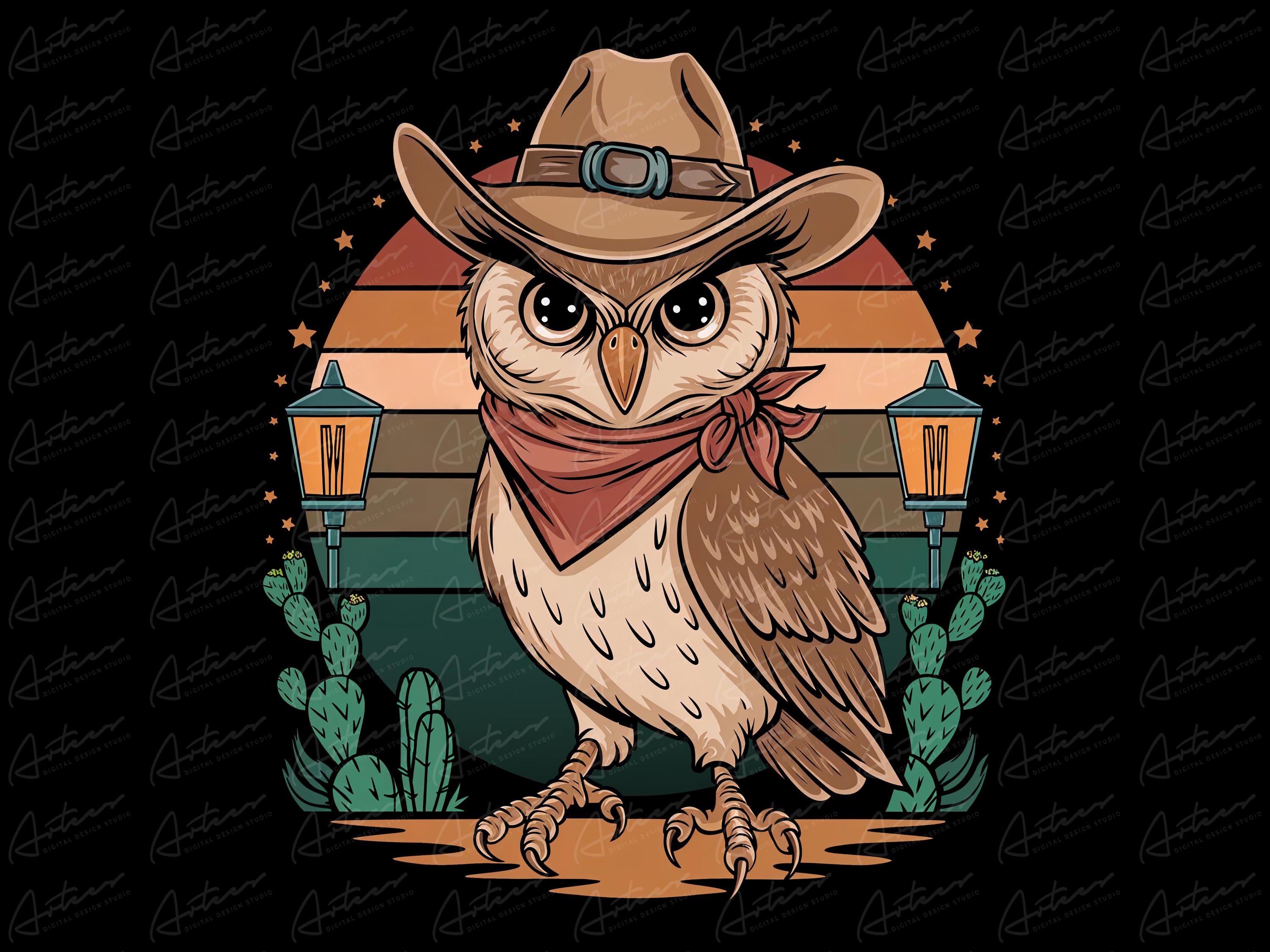 Retro Cowboy Owl Digital Design: Wild West Art (PNG Download)