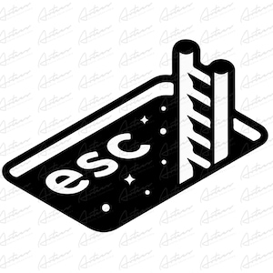 Könnte beinhalten: Schwarz-weiß-Illustration eines Pools mit dem Wort "ESC" darin. Eine Leiter befindet sich an der Seite des Pools.