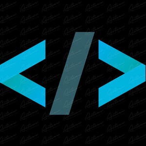 May include: A graphic design element featuring a stylized code symbol. The design consists of a light blue angled bracket on the left, a gray forward slash in the center, and a light blue angled bracket on the right, set against a black background.