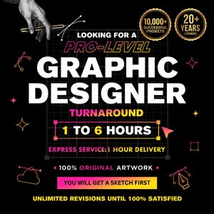 Può includere: Annuncio di graphic design nero con testo bianco e rosa. Il testo recita "Looking for a Pro-Level Graphic Designer" con un tempo di consegna da 1 a 6 ore. Include il testo "10.000+ progetti di successo" e "20+ anni di esperienza."
