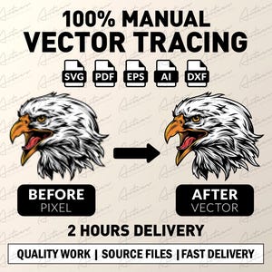 Pode incluir: Imagem antes e depois mostrando um serviço de traçado vetorial. A imagem à esquerda mostra uma imagem pixelada da cabeça de uma águia careca. A imagem à direita mostra uma imagem vetorial da mesma cabeça de águia careca. O texto "100% MANUAL VECTOR TRACING" está no topo da imagem. O texto "BEFORE PIXEL" está abaixo da imagem à esquerda. O texto "AFTER VECTOR" está abaixo da imagem à direita. O texto "2 HOURS DELIVERY" está no meio da imagem. O texto "QUALITY WORK | SOURCE FILES | FAST DELIVERY" está na parte inferior da imagem.