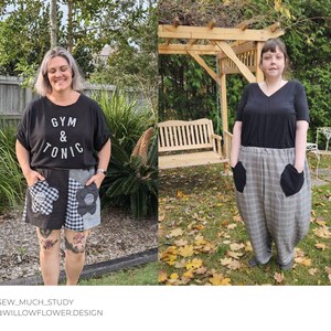 Puede incluir: Dos personas con atuendos diferentes. La persona de la izquierda lleva una camiseta negra con el texto "Gym & Tonic" y una falda de retazos en blanco y negro. La persona de la derecha lleva una camiseta negra y pantalones de cuadros con grandes bolsillos negros.