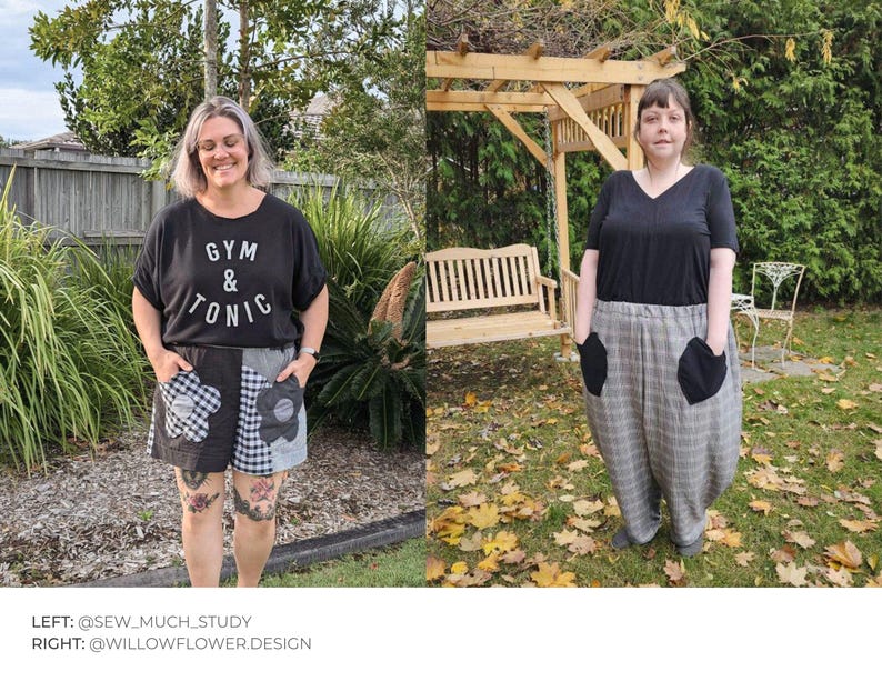 Puede incluir: Dos personas con atuendos diferentes. La persona de la izquierda lleva una camiseta negra con el texto "Gym & Tonic" y una falda de retazos en blanco y negro. La persona de la derecha lleva una camiseta negra y pantalones de cuadros con grandes bolsillos negros.