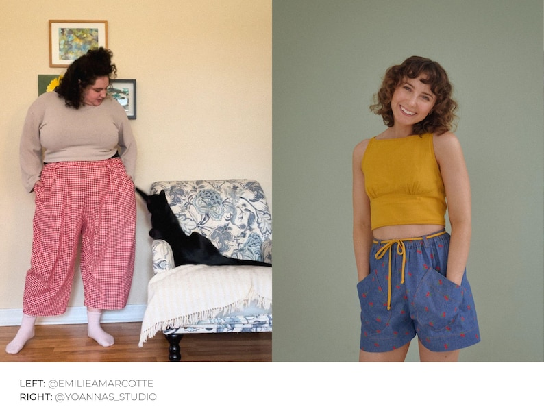 Puede incluir: Dos mujeres con atuendos diferentes. La mujer de la izquierda lleva una blusa beige y pantalones de cuadros rojos y blancos. La mujer de la derecha lleva un top amarillo sin mangas y pantalones cortos azules con un cord&oacute;n amarillo.