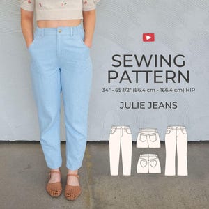 May include: Light blue high-waisted trousers with pockets. The trousers are part of a sewing pattern called "Julie Jeans". The pattern includes measurements for hips ranging from 86.4 cm to 166.4 cm. The image also includes a diagram of the trousers.