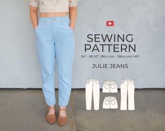 Elastic Waist Jeans Sewing Pattern | Julie Jeans PDF | Tapered, Flared + Shorts Views | Heart & Classic Pockets | Intermediate | 22 Sizes