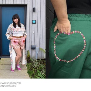 Puede incluir: Dos mujeres con atuendos diferentes. La mujer de la izquierda lleva una bata con estampado floral, pantalones cortos rosas y una camiseta blanca con la palabra "Callie" impresa. La mujer de la derecha lleva pantalones verdes con corazones bordados de colores en la parte posterior.