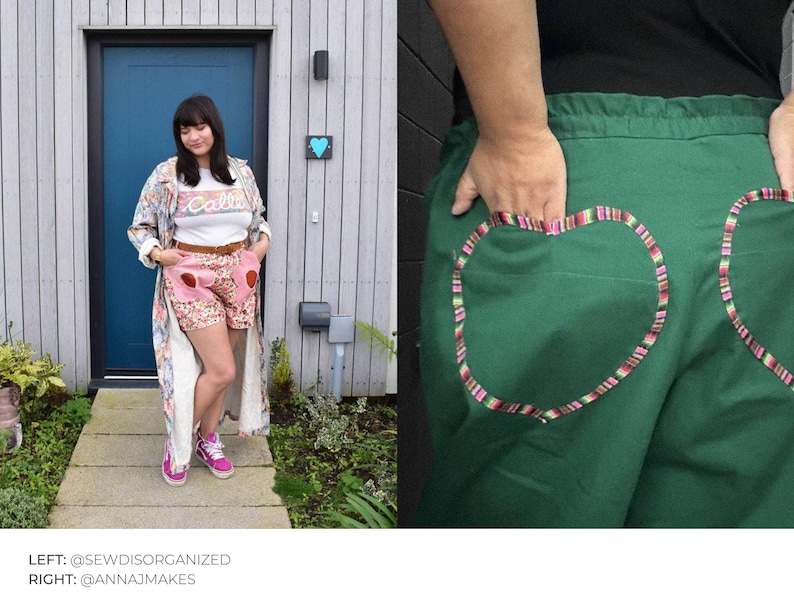 Puede incluir: Dos mujeres con atuendos diferentes. La mujer de la izquierda lleva una bata con estampado floral, pantalones cortos rosas y una camiseta blanca con la palabra "Callie" impresa. La mujer de la derecha lleva pantalones verdes con corazones bordados de colores en la parte posterior.