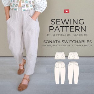 Patrón de costura para pantalones y shorts con cintura elástica / Sonata Switchables PDF / Múltiples opciones de bolsillos (ribetes, costura interior, corazón, flor, curvo) imagen 1
