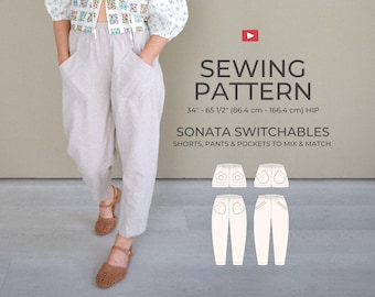 Elastic Waist Pants & Shorts Sewing Pattern | Sonata Switchables PDF | Multiple Pocket Options (Welt, Inseam, Heart, Flower, Curved)