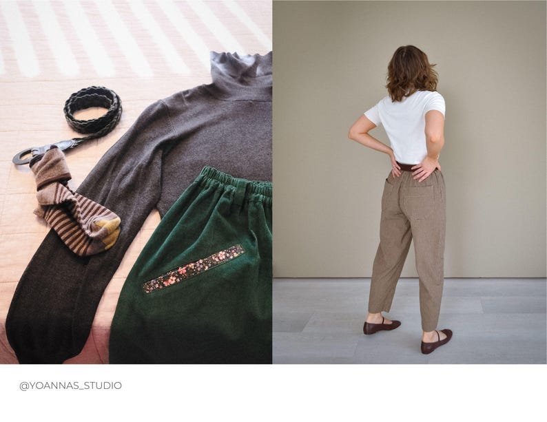 Puede incluir: Un pantal&oacute;n de pana verde con un detalle de estampado floral y un jersey de cuello alto gris. El pantal&oacute;n tiene cintura alta y pierna ancha.