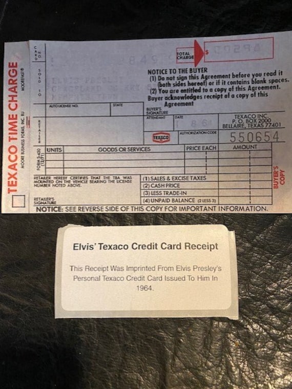 texaco cigarette prices Elvis Texaco Credit Card Receipt - Authentic - Imprinted From His Personal  1964 Credit Card - Grt Gift Selling for 250 Dollars in the U.K.!