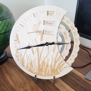 Dragonfly scene Perpetual Calendar with Clock, Hand Made, Desk Calendar, Crescent Moon Shape, Laser Engraved, Custom Design