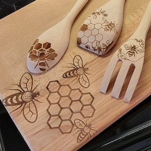 Bee Inspired Cutting Board Set, Wooden Utensils, Kitchen Decor, Housewarming Gift