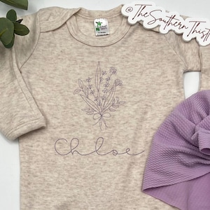 Lavender Embroidered Baby Girl Coming Home Outfit, Personalized Newborn Gift, Floral Baby Outfit, Custom Design, Wildflower Embroidered