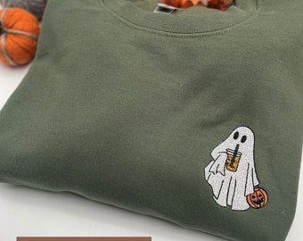 Iced Coffee Halloween Crew, Aesthetic Crewneck, Halloween Sweatshirt, Embroidered Halloween, Coffee Lovers, Little Ghost Coffee, Ghost