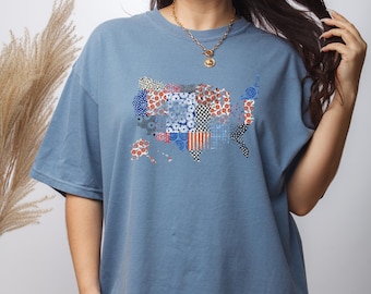 T-shirt VS, patriottisch T-shirt, 4 juli-shirt, vintage grafisch T-shirt, rood wit blauw T-shirt, T-shirt Amerika, noodlijdend vintage designshirt