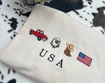 USA Icons Embroidered T-Shirt - Independence Day, 4th Of July Shirt, American Flag Shirt, Fourth Of July Shirt, Patriotic Shirt