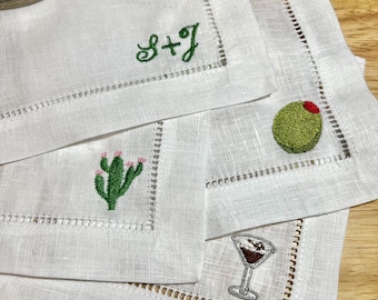 Custom Icons/Name Embroidered Cocktail Napkins, Personalized Gifts for Weddings, Housewarming, and Hostess Gifts