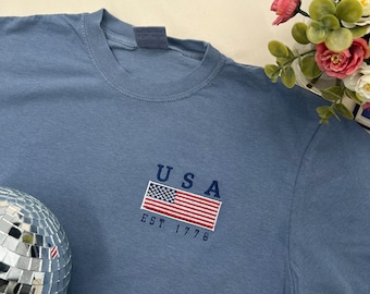 USA Embroidered American Flag T-Shirt - Us Flag Shirt, USA Embroidered Tee, American Flag Shirt, Fourth Of July Shirt