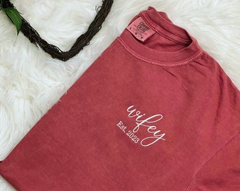 Embroidered Comfort Colors Wifey Shirt - Personalized Wedding Gift