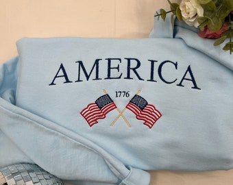 Embroidered America Sweatshirt - Independence Day, Embroidered Sweater, Embroidered Crewneck, Patriotic Sweatshirt, 4Th Of July Sweater