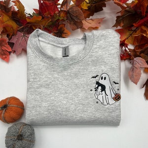 Ghost Pumpkin Spooky Season, Ghost Shirt, Cute Ghost Black Cat Halloween Sweatshirt, Embroidered Ghost Cats Sweatshirt, Cat Lover Shirt
