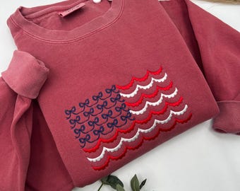 Embroidered USA Bow Sweatshirt: Patriotic Red White Blue Design